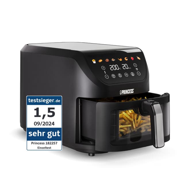 Princess SlimFry Airfryer, 8L Fassungsvermögen, 2000W, 8 Programme, Digitales Touchscreen, Einstellbare Temperatur, Sichtfenster, Automatische Abschaltung, Spülmaschinenfest, 182257 Bunte Symbole 8L