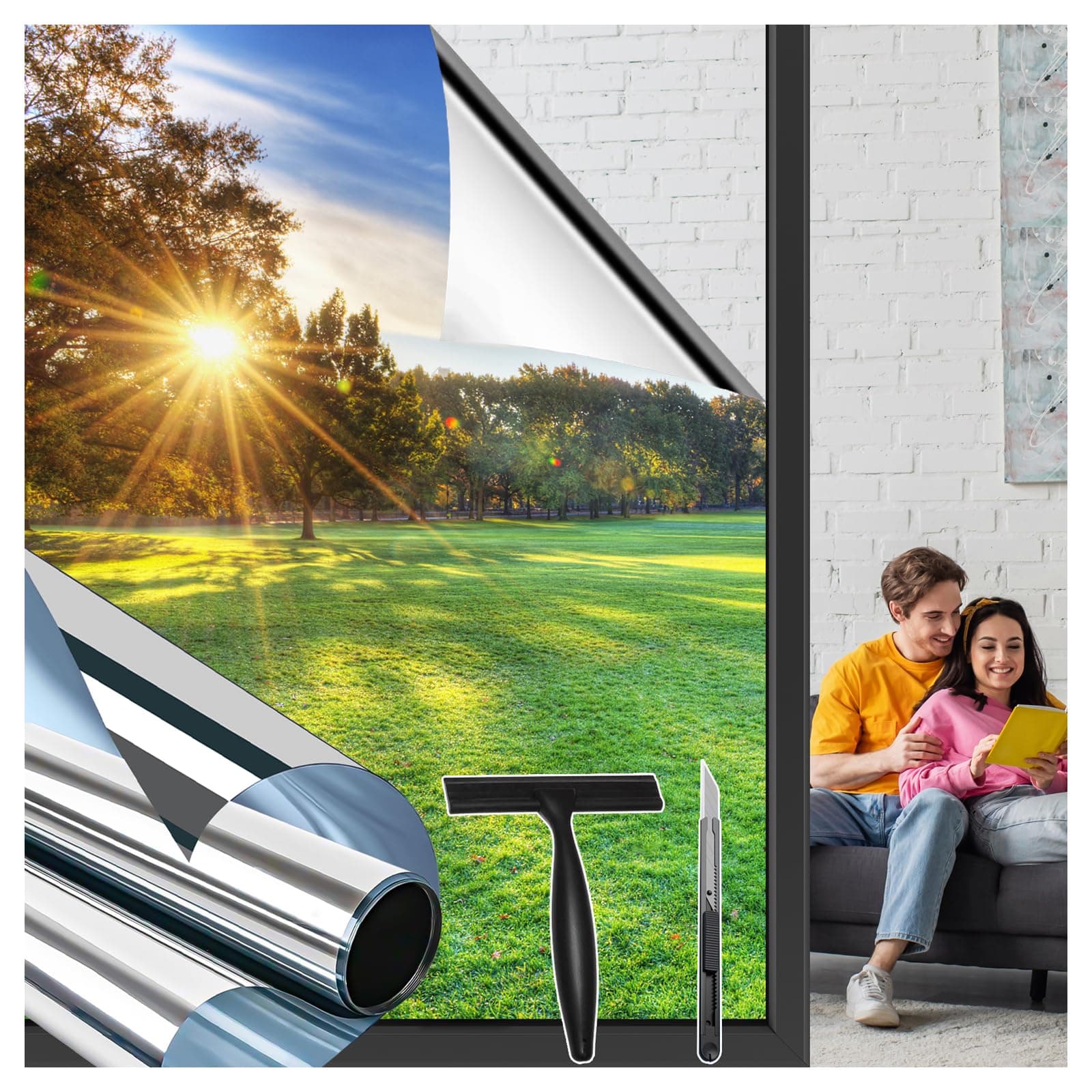Niviy Fensterfolie Spiegelfolie Fenster von Außen Blickdicht von Innen Durchsichtig,44.5X200cm Sichtschutz Sonnenschutz Hitzeschutzfolie Anti-UV Selbstklebend Einseitige Spiegelfolie Silber Silber 44.5x200 cm