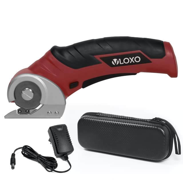 VLOXO Kartonschneider 4V Elektrischer Schere Kabellose Rollschneider mit Sicherheitssperre Universalschneider Wiederaufladbar Rotationsschneider Akkuschere für Filz Teppich Leder Kunststoff Pappe Rot