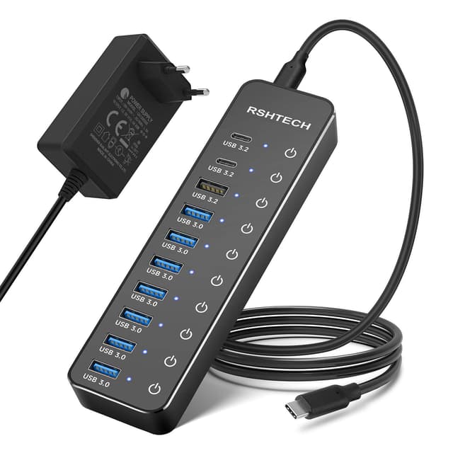 RSHTECH USB Hub 3.2 Aktiv mit Netzteil - Mit 3 10Gbps USB 3.2 und 7 5Gbps USB 3.0 - Insgesamt 10 Port (8*Type-A, 2*Type-C) - Mit Touch-Schaltern, 1m Datenkabel, 12V/5A Adapter - RSH-ST10C