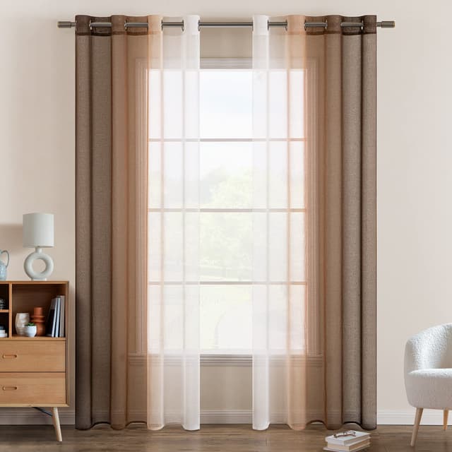 EMEMA Voile Vorhang Zweifarbiger Vorhang mit Ösen Transparente Gardine Ösenschal Fensterschal Lichtdurchlässig für Schlafzimmer 2er Set 140x225cm Weiß Hellkaffee H225 x B140 cm (2er Pack) Weiß Hellkaffee