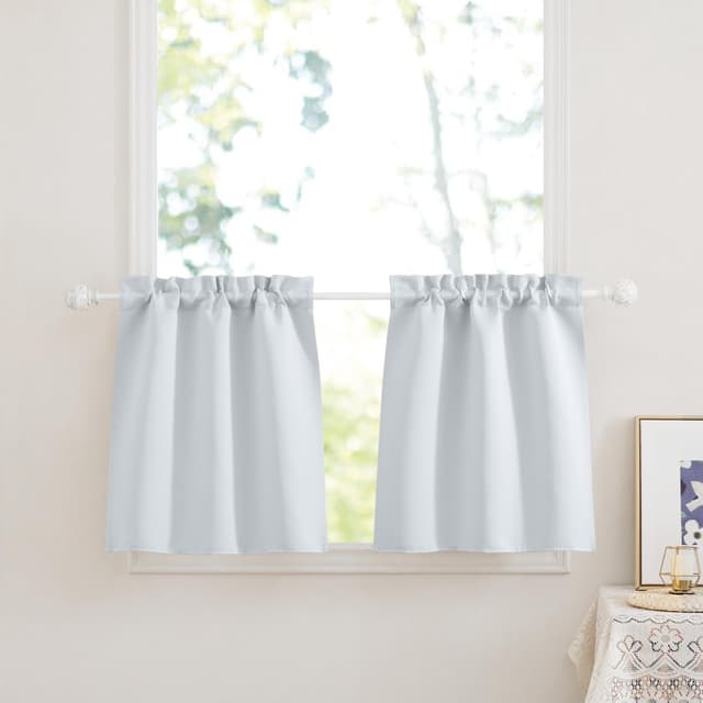 PONY DANCE Scheibengardinen Küche Kurze Gardinen mit Stangedurchzug Bistrogardine 2er Set B 60 x H 60 cm Küchenvorhang Verdunklungsvorhänge Wohnwagen, Grau-weiß H60 x B60 cm (2er Pack) Grau-weiß