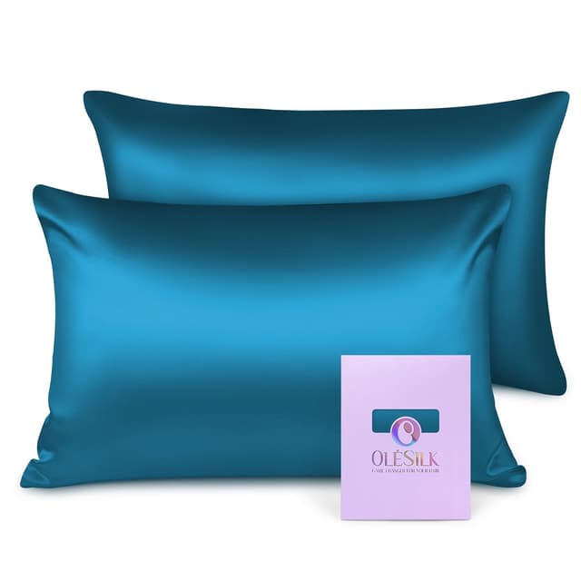 OLESILK Seide Kissenbezug Kissenhülle Haar- und Hautpflege mit Reißverschluss 16 Momme 2 Stücke Pfaublau 40x60cm 40×60cm - 2er Pack Pfaublau