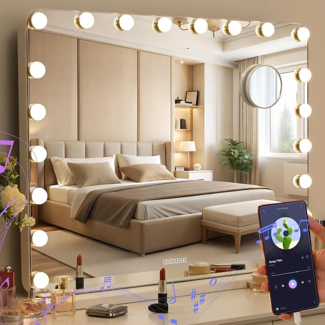 Clevich Bluetooth Schminkspiegel mit Beleuchtung, 80x60 cm, 20 Dimmer LED Leuchten, Hollywood Spiegel mit Licht, Musik Lautsprecher, 3 Lichtfarben, USB, 10x Lupe, Touch-Steuerung, Weiß Weiß 62L x 80B cm