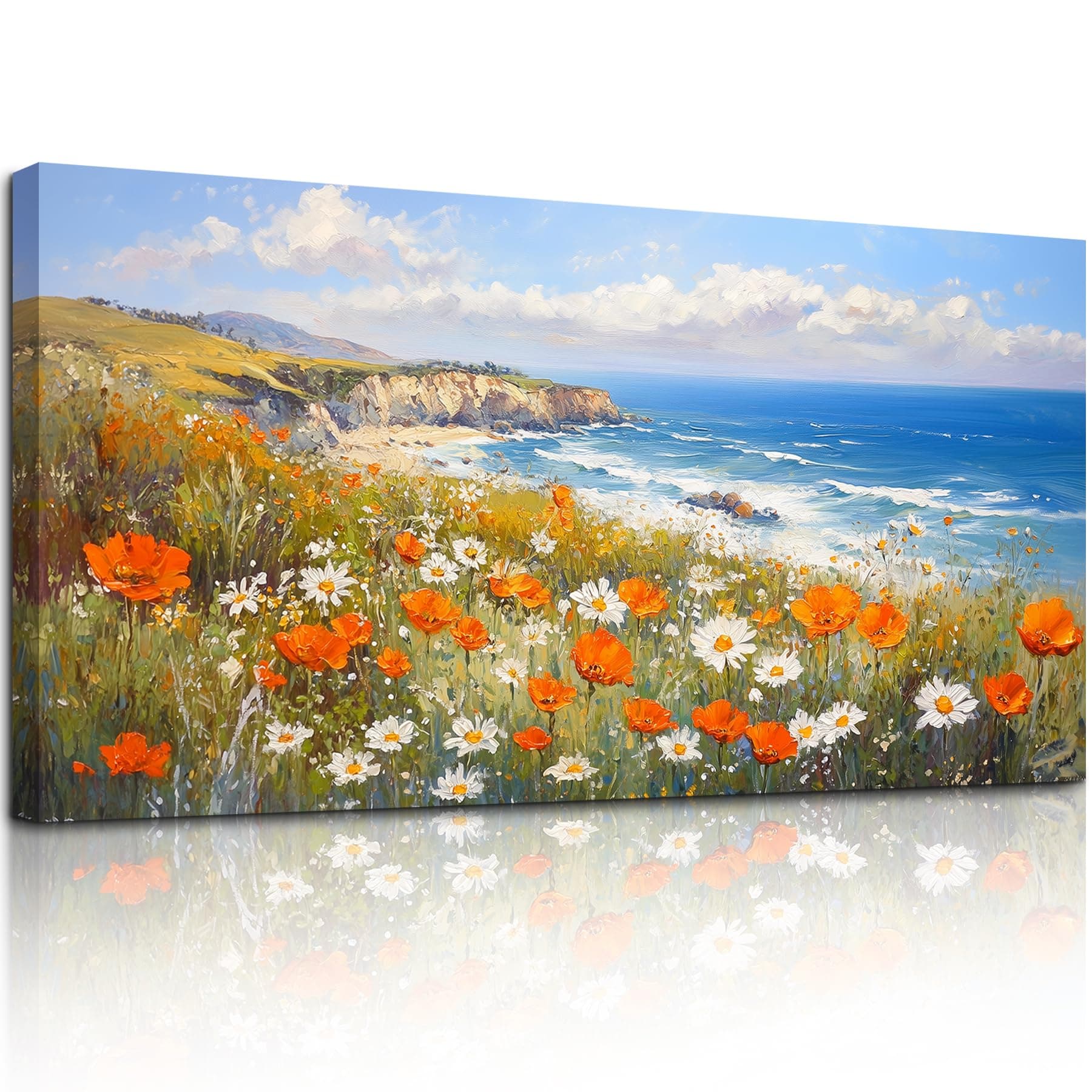 MHARTK66 Blaues Meer und Blumen Leinwand Bilder, 50x100 cm Groß Wandbilder Wohnzimmer Landschaft Bild Aesthetic, Modern Wanddeko Kunstdruck Schlafzimmer Esszimmer Flur Büro Küche Badezimmer Blaues Meer und Blumen 100L x 50B cm