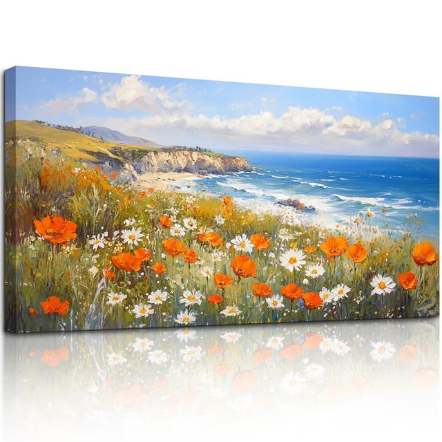 MHARTK66 Blaues Meer und Blumen Leinwand Bilder, 50x100 cm Groß Wandbilder Wohnzimmer Landschaft Bild Aesthetic, Modern Wanddeko Kunstdruck Schlafzimmer Esszimmer Flur Büro Küche Badezimmer Blaues Meer und Blumen 100L x 50B cm