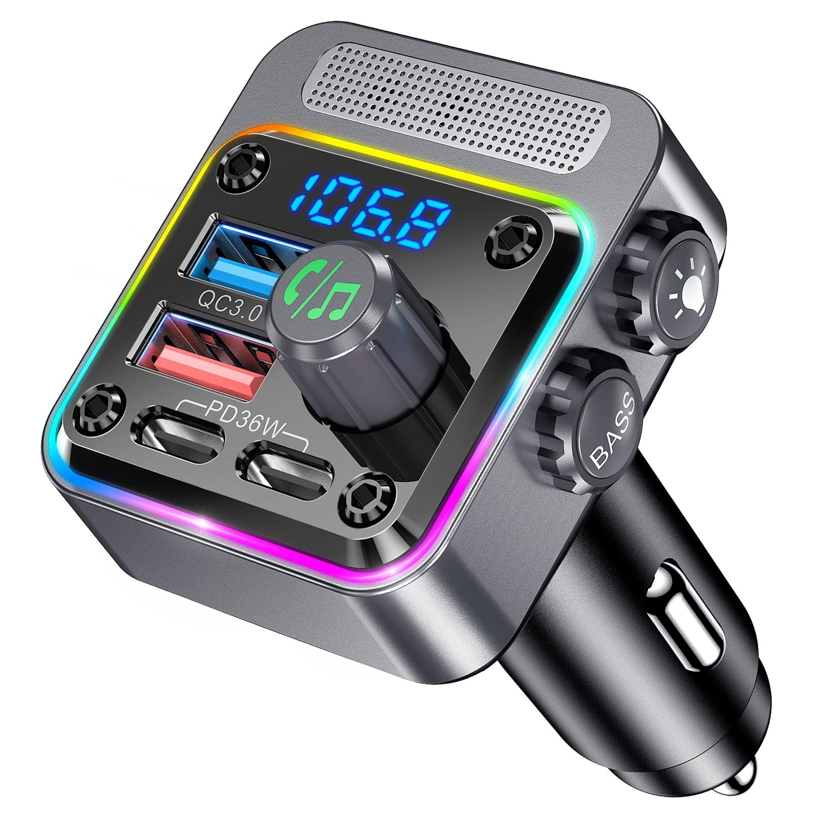 Bluetooth Adapter Auto,Gizmovine 5.3 Transmitter Für Auto Bluetooth Mit HiFi-Bass-Sound,Auto Bluetooths Adapter 54W [PD 36W & QC3.0 18W],Fm Transmitter Zigarettenanzünder,Noise Cancelling Mikrofon Schwarz