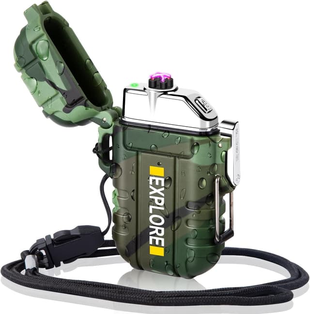 LcFun Lichtbogen USB Feuerzeug Elektrisch, Wasserdicht Winddicht Wiederaufladbar, Plasma Feuerzeug Lighter mit Notfall-Pfeife für Camping, Survival Taktische-überlebensausrüstung (Tarnung)