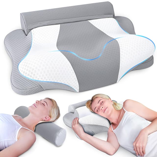 SAHEYER 2 in 1 Nackenkissen Kopfkissen und Nackenrolle Kissen, Ergonomisches Orthopädisches Nackenstützkissen für Seiten,Rücken und Bauchschläfer, Memory Foam Seitenschläferkissen Schlafkissen Grau