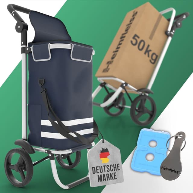 Heimfleiss® Einkaufswagen klappbar mit 56L Volumen | Einkaufstrolley klappbar mit 50kg Traglast | Leichte Einkaufstasche mit Rollen | Einkaufstrolly Hackenporsche | Shopping Trolley Blau 56L
