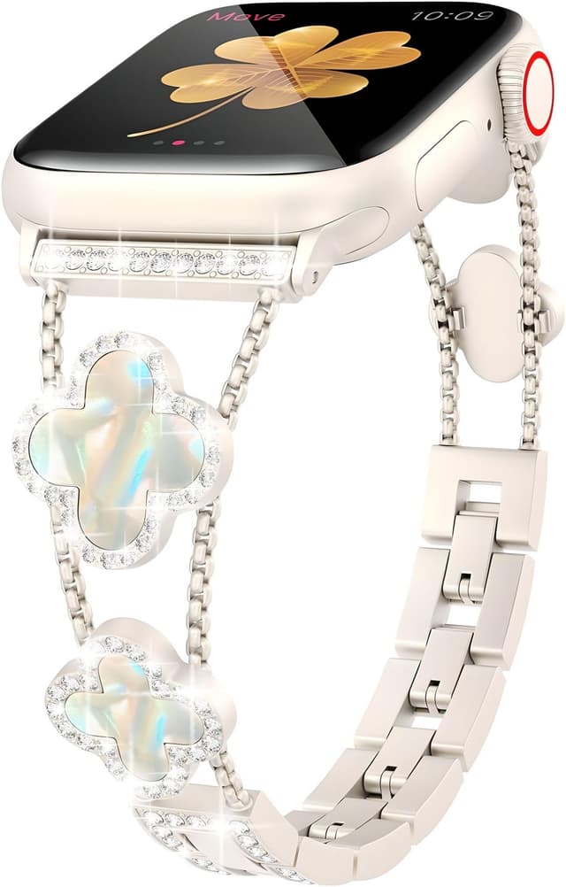 Bling Armband kompatibel mit Apple Watch 38mm 40mm 41mm 42mm 44mm 45mm 46mm Serie SE 10 9 8 7 6 5 4 3 2 1, Damen Funkeln Diamant süße glückliche Klee Ander iwatch Armband Polarstern 38mm/40mm/41mm/42mm(Series 10)
