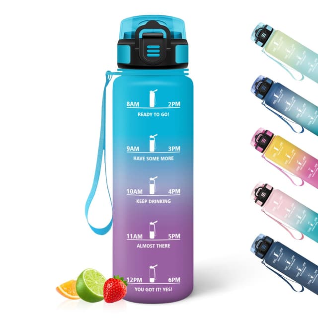 HoneyHolly Trinkflasche 1L, Zeitmarkierung, Wasserflasche, Auslaufsicher, Trinkflasche Sport, Wiederverwendbar, Water Bottle für Fitnessstudio, Radfahren, Büro, Outdoor, Wasserflasche Auslaufsicher Blau & Lila - 1000ml 1000 ml