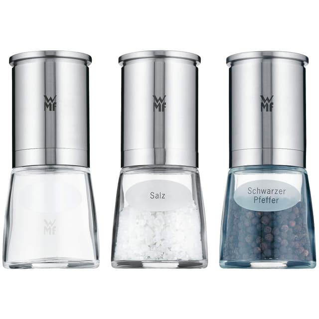 WMF De Luxe Salz und Pfeffermühle Set 3-teilig, befüllt, Cromargan Edelstahl matt, Glas, Keramikmahlwerk, Grinder für Salz, Pfeffer, Chillischoten 3-teilig Transparent