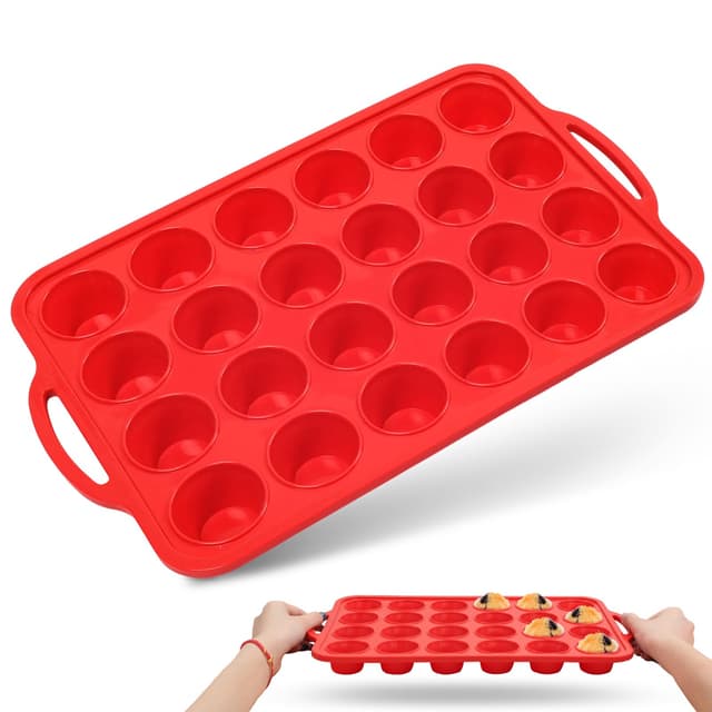 Foepoge Mini Muffins Backform Silikon mit Metallrahmen für 24 Muffins, Antihaft Mini Muffinform Silikon 24er, BPA-Freie Muffinblech Muffinformen für Cupcakes, Pudding, Brownies, Rot Rot 24 Tassen-Mini