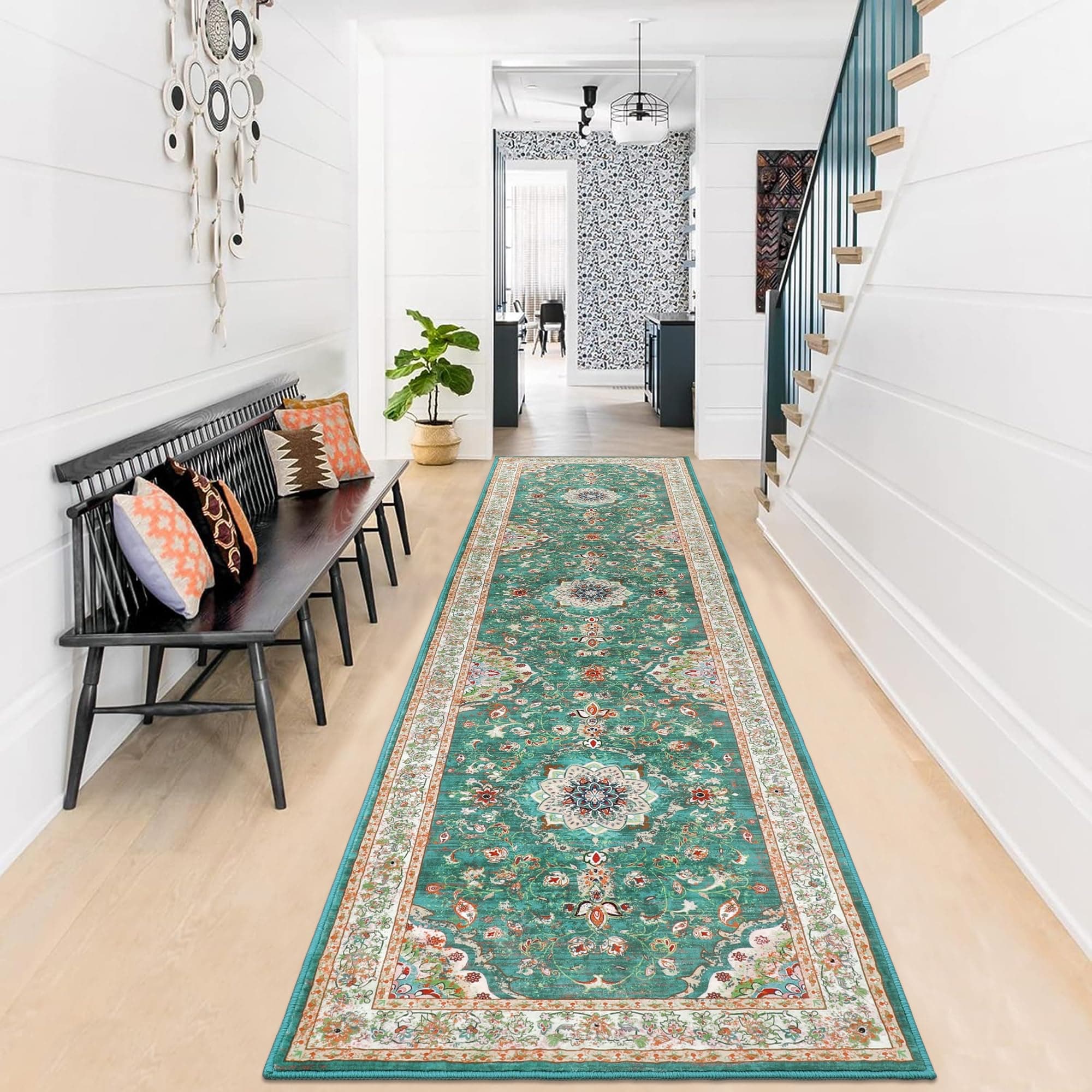 Enyhom Teppich Läufer Flur 60 x 240 cm, rutschfest Washchbar Küchenteppich Modern Weich Kurzflor Blumenteppich Hochwertig Luxuriös Boho Läufer für Flur Wohnzimmer Korridor Schlafzimmer, Grün Grün 60 x 240 cm