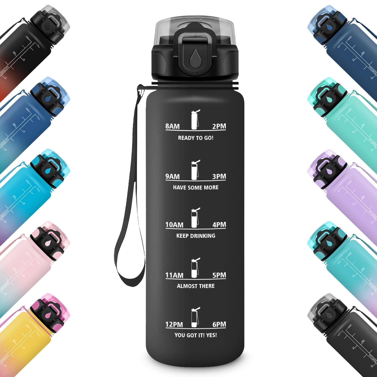 HoneyHolly Trinkflasche 0,5/1/1,5 Liter, Auslaufsicher, Trinkflasche Sport, Motivierende mit Zeitmarkierung, Wasserflasche, mit Filter, Trinkflasche Kohlensäure Geeignet, für Fitness Wandern 500 ml Schwarz-0.5l