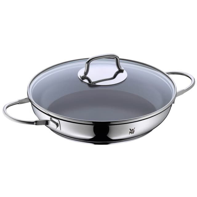 WMF Devil Servier-Schmorpfanne Induktion 26 cm mit Glasdeckel, Ofenfeste Pfanne, Servierpfanne, Cromargan Edelstahl beschichtet, Keramikbeschichtung, backofenfest Devil – Schmorpfanne 26 cm
