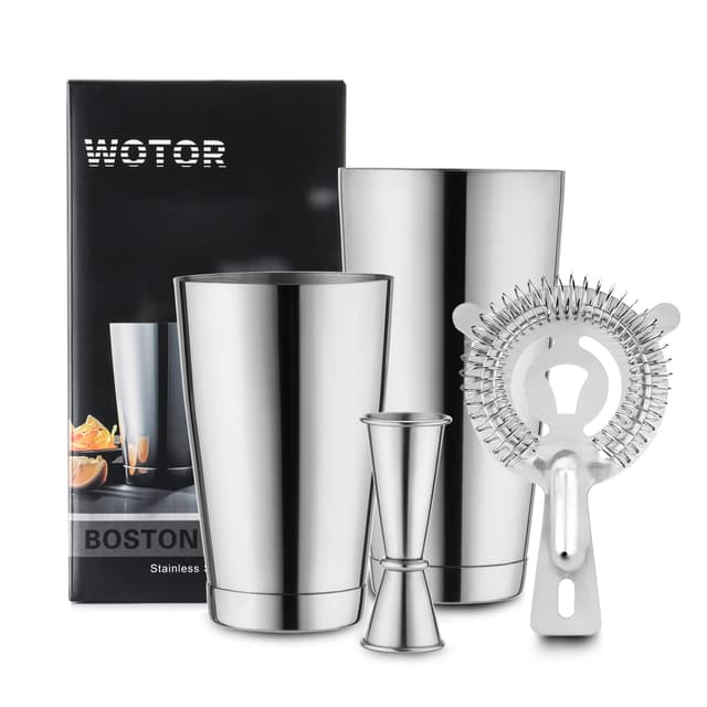 WOTOR Boston Cocktail Shaker Set, 18 oz & 28 oz Edelstahl Shaker Dosen mit Gewicht, Sieb, doppelter Messbecher, professionelles Bar Werkzeug für Barkeeper (Silber)