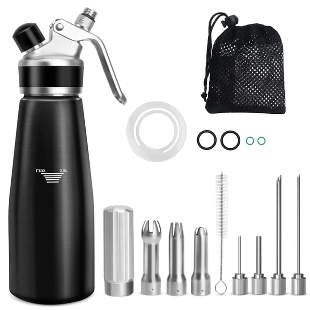 ColCospie Sahnespender,Sahnesyphon Aluminium 500ml für Schlagsahne,Cremes,Desserts und Soßen mit 3 Edelstahl Deko-Düsen,4 Injektor-Tippsund 1 Reinigungbürste,Aufbewahrungstasche + Ersatzgummiring 7 Edelstahl Deko-Düsen