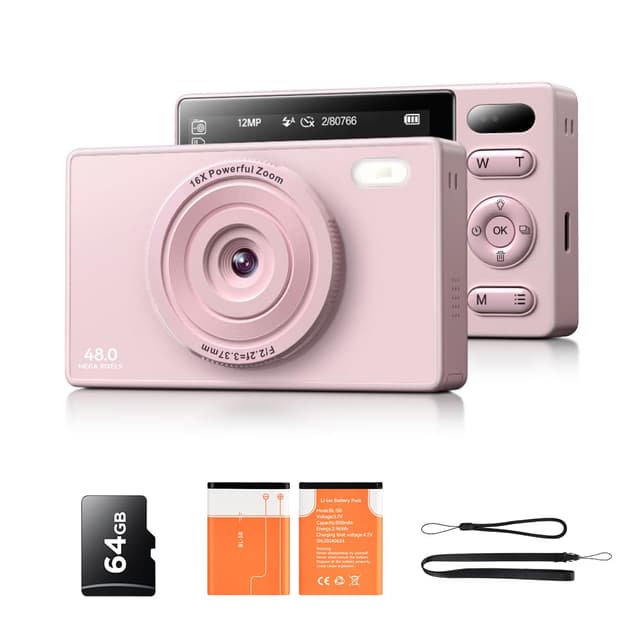 64GB Digitalkamera Kinder Fotokamera: 48MP Anti-Shake Kinderkamera Foto Vlogging Fotoapparat 16X Digital Zoom Appareil Foto Serienaufnahme Selbstauslöser Kompaktkamera für Fotografie pink