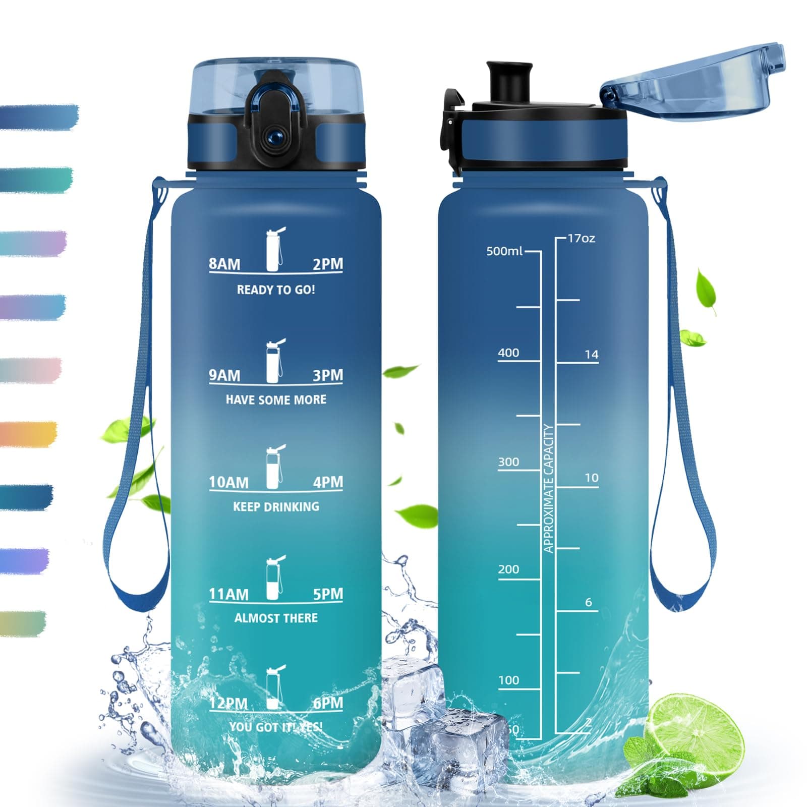 HoneyHolly Trinkflasche 500ml Sport, mit Zeitmarkierung, mit Filter, Auslaufsichere Trinkflasche, BPA-Frei, Wasserflasche für Sport, Fitness, Yoga, Schule, Büro 500 ml Blau & Grün-0.5l