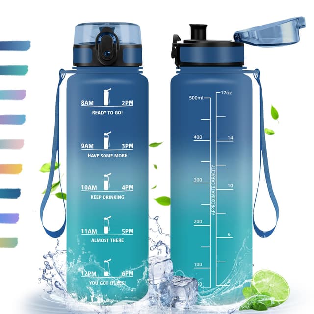 HoneyHolly Trinkflasche 500ml Sport, mit Zeitmarkierung, mit Filter, Auslaufsichere Trinkflasche, BPA-Frei, Wasserflasche für Sport, Fitness, Yoga, Schule, Büro 500 ml Blau & Grün-0.5l