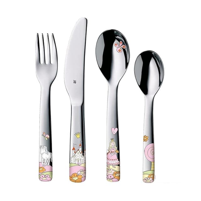 WMF Prinzessin Anneli Kinderbesteck Set 4-teilig, Besteck Mädchen Edelstahl, für Kinder ab 3 Jahre, altersgerechte Größe und Form, Cromargan poliert, spülmaschinengeeignet 4-teilig ohne Gravur Single