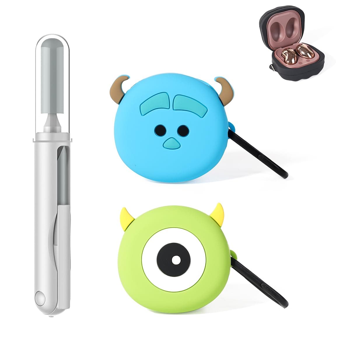 (2Packung + Reinigungsstift) XMBYGY Silikon Hülle für Galaxy Buds FE(2023) / Buds2 Pro(2022) / Buds 2(2021) / Buds Pro(2021) / Buds Live(2020) Schutzhülle mit 3 in 1 Reinigungs Bürste Stift Werkzeuge RoundMrQ+Monster