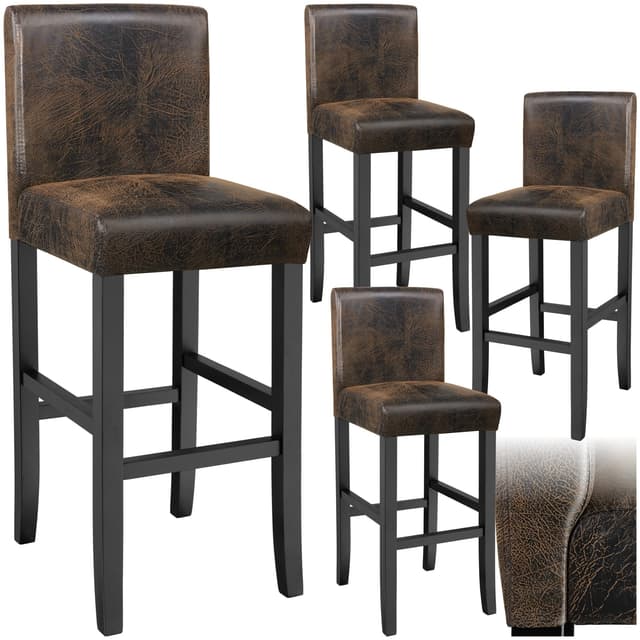 tectake® 4er Set Barhocker, Bistrohocker, Tresenhocker, Barhocker mit Lehne, gepolsterter Barstuhl, Bistrostuhl mit Fußstütze, Holz und Kunstleder, Stuhlbeine aus Massivholz, 107 cm hoch - antikbraun Antikbraun 4er Set