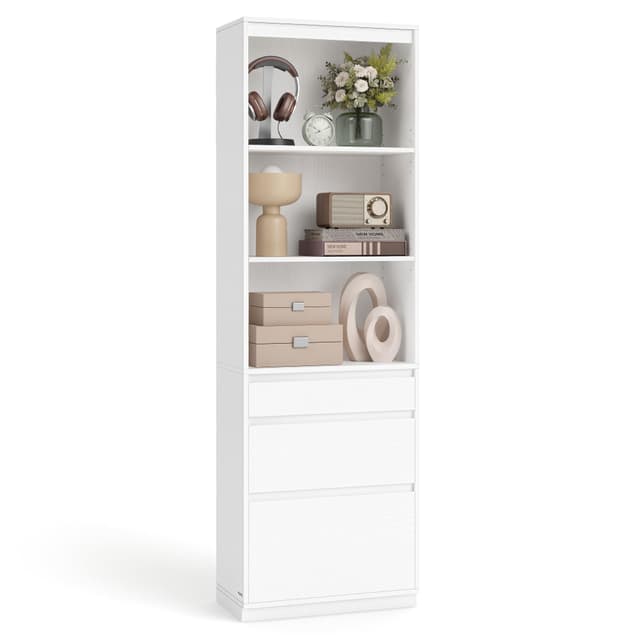 VASAGLE Bücherregal, Hochschrank, 3 unterschiedlich große Schubladen, verstellbare Ablagen, 180 cm hoch, für Wohnzimmer Schlafzimmer Arbeitszimmer, modern, platzsparend, schneeweiß LBC188W01
