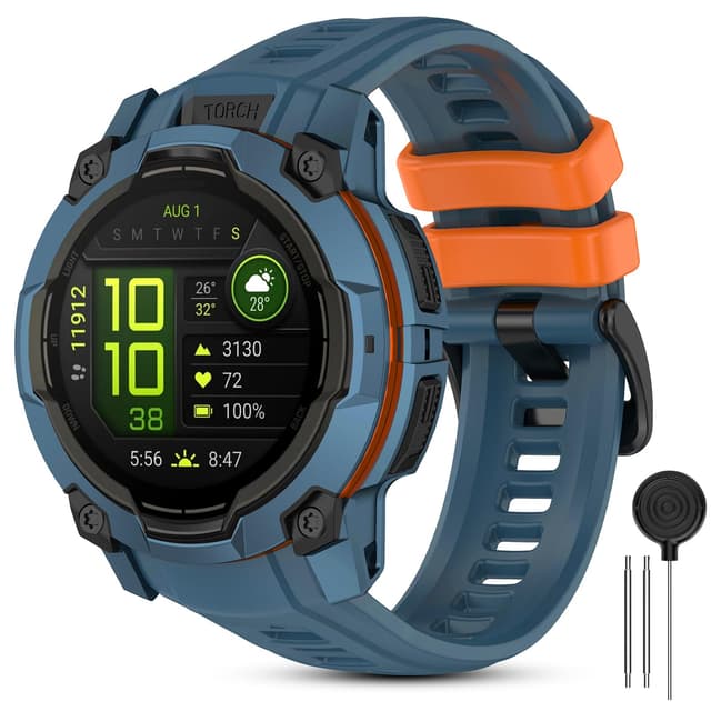 CHULN Silikon Armband Kompatibel mit Garmin Instinct 3 50mm AMOLED/Instinct 3 Solar 50mm, 26mm Einstellbares Sport Ersatzarmband für Smartwatch.(No host) Twilight Blue + Orange