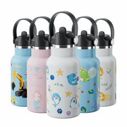 Exllena Edelstahl Trinkflasche für Kinder, 350ML auslaufsichere Thermosflasche mit Strohhalm und Griff, BPA-freie Isolierflasche für Kindergarten und Schule (Delfin)