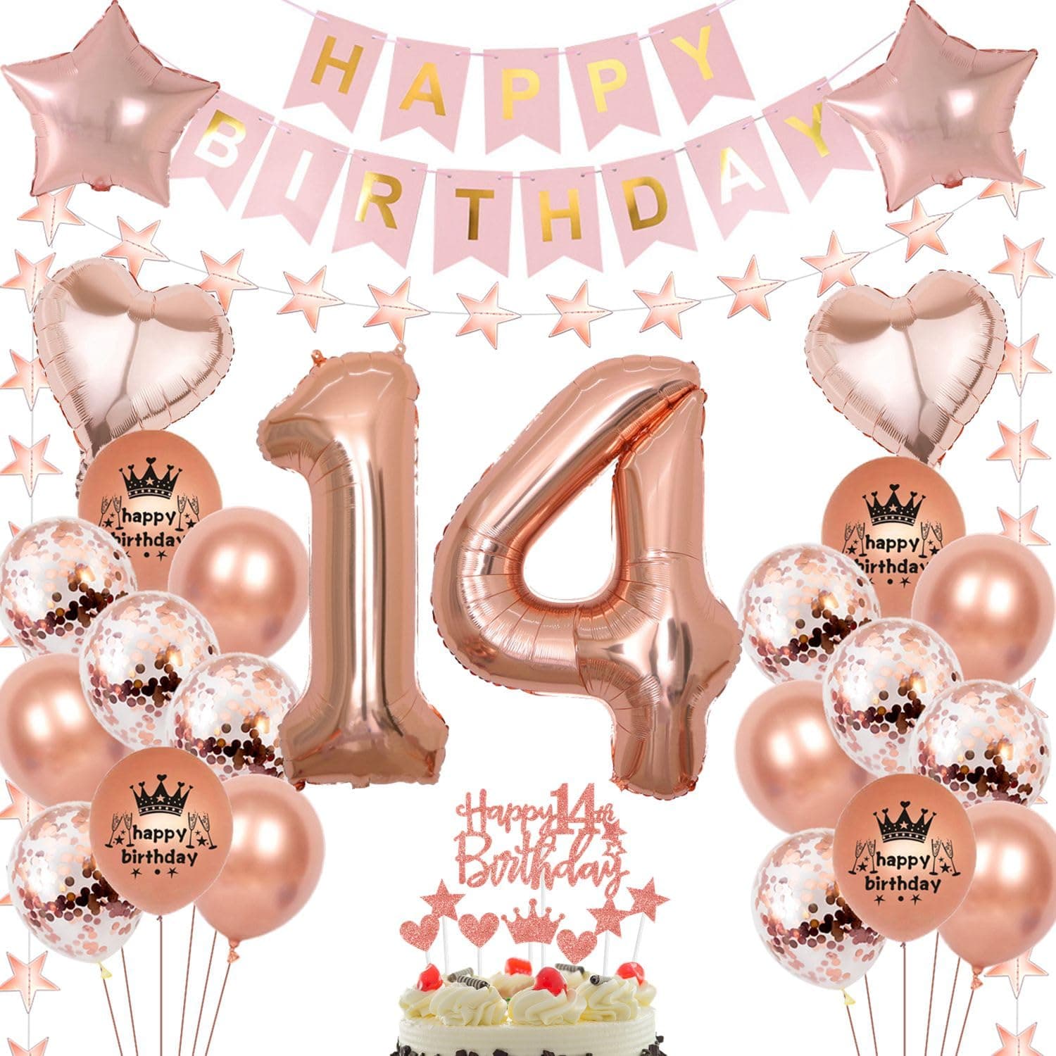 Rosegold Luftballon 14 Geburtstag Mädchen, 14 Jahr Geburtstag Mädchen, Ballon 14. Rosegold, Geburtstagsdeko 14 Jahr, Deko 14.Roségold 14. Party Ballons