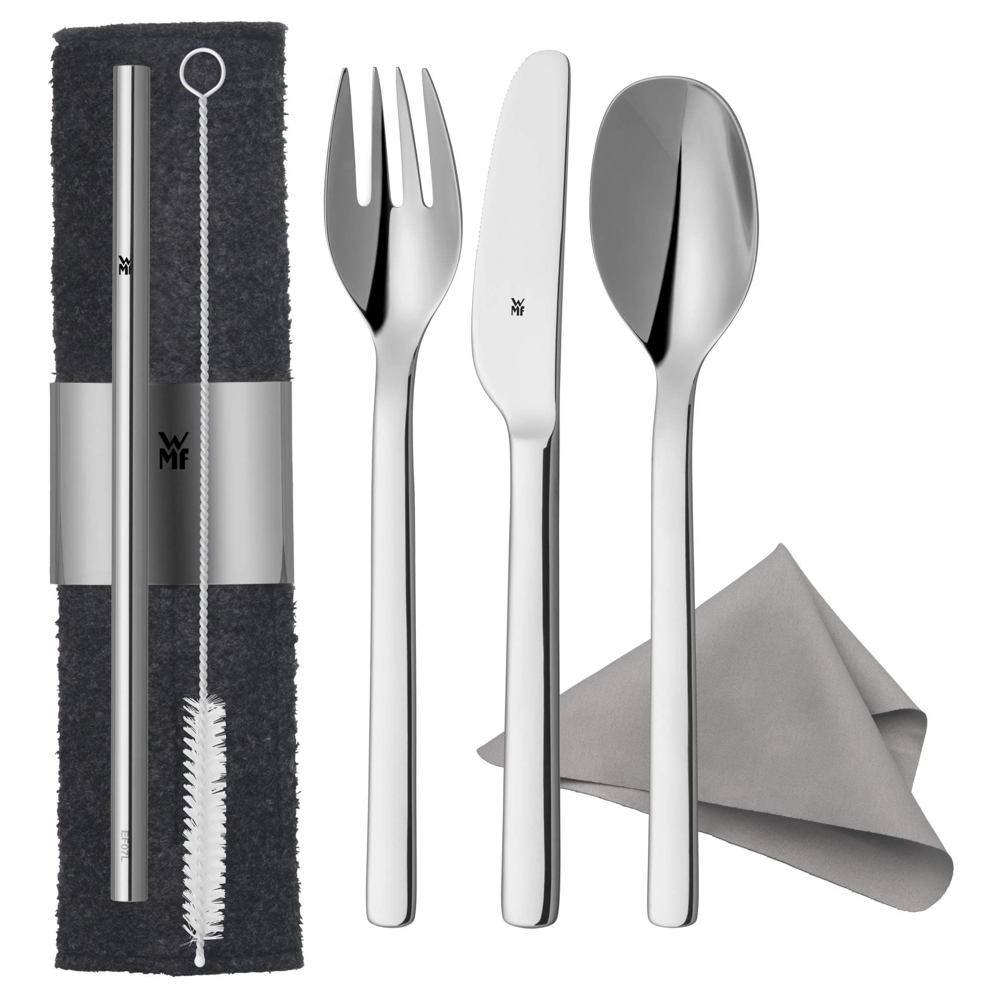 WMF my2Go, Edelstahl, Besteck Set 8-teilig, Outdoor Reisebesteck Set 1 Person, Campingbesteck mit Etui, Wanderbesteck umweltfreundlich, Strohhalm, Reinigungsbürste, Camping Zubehör Geschenk My2Go Besteck Single