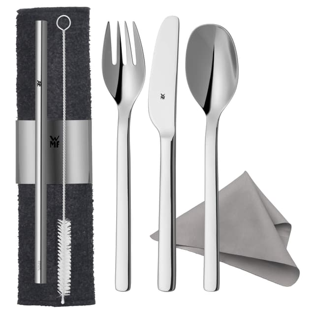 WMF my2Go, Edelstahl, Besteck Set 8-teilig, Outdoor Reisebesteck Set 1 Person, Campingbesteck mit Etui, Wanderbesteck umweltfreundlich, Strohhalm, Reinigungsbürste, Camping Zubehör Geschenk My2Go Besteck Single