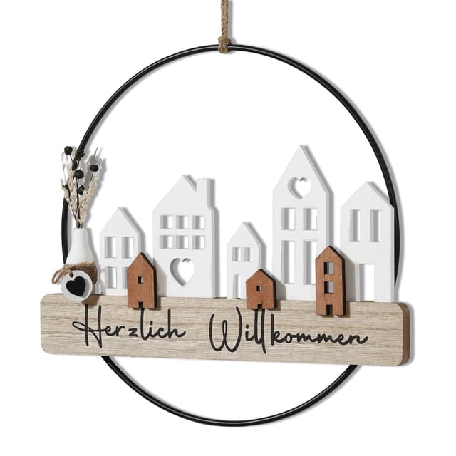 QILICZ Trockenblumenkranz - Türkranz Herzlich Willkommen Türkranz Trockenblumen Fensterdeko Hängedeko personalisiert Dekokranz mit Willkommensschild Trockenblumen und Haus ø28cm Wandschmuck