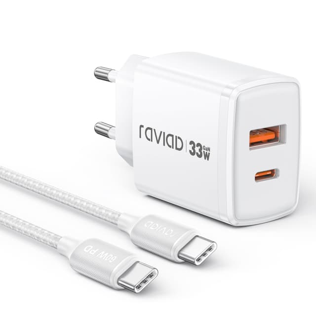 RAVIAD 33W USB C Ladegerät GaN Netzteil, 2-Port [USBC + USBA] PD Schnellladegerät mit USB C Kabel 2M, USBC Stecker für iPhone 16 15 Pro Max, Galaxy S25 S24 S23 Ultra, iPad Pro, MacBook Air 2M Kabel 1Pack