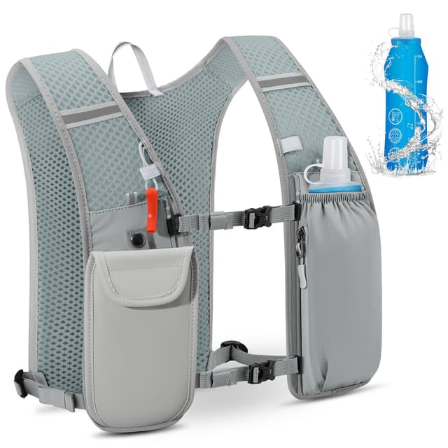 Laufweste Damen und Herren mit Trinkflasche 500 ml, Leichter Trinkrucksack Laufen Herren 5L, Reflektierender Trinkrucksack mit Handyhalterung für Jogging, Trailrunning, Fahrrad, Marathon, Motorrad