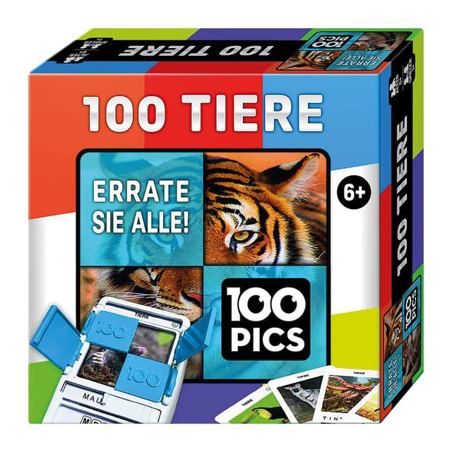 100 PICS 20208045 Quizspiel Tiere, Lernspiel für die ganze Familie, Brainteaser, Reisespiel für Erwachsene und Kinder ab 6 Jahren