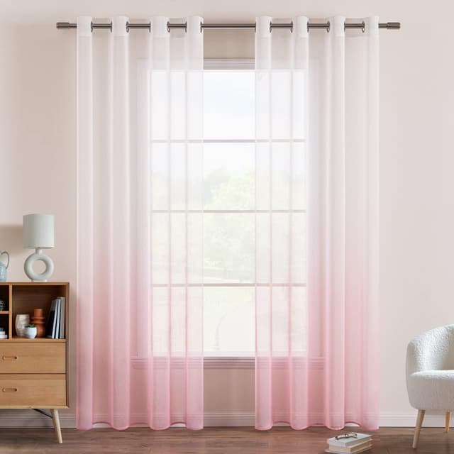 EMEMA Gardinen Transparent Vorhänge Voile Sheer Vorhang mit Ösen Farbverlauf Dekoschal Fensterschal für Schlafzimmer und Wohnzimmer 160 cm x 140 cm(H x B) 2er Set Weiß Rosa H160 x B140 cm (2er Pack) Weiß Rosa-z