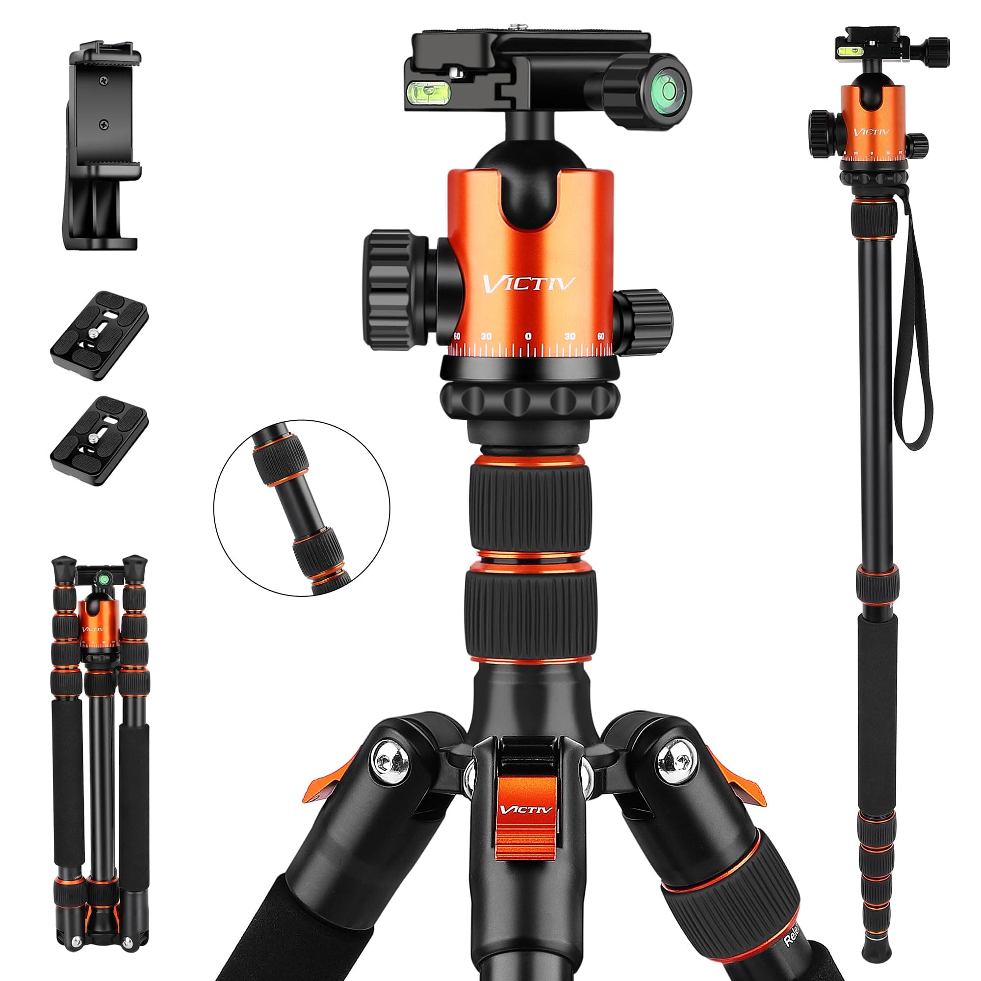 VICTIV 203 cm Kamera Stativ für Canon Nikon Sony Spiegelreflexkamera aus Aluminium, Reisestativ Fotostativ mit Kugelkopf Schnellwechselplatte und Stativtasche, belastbar bis 15,4 kg 203cm Orange