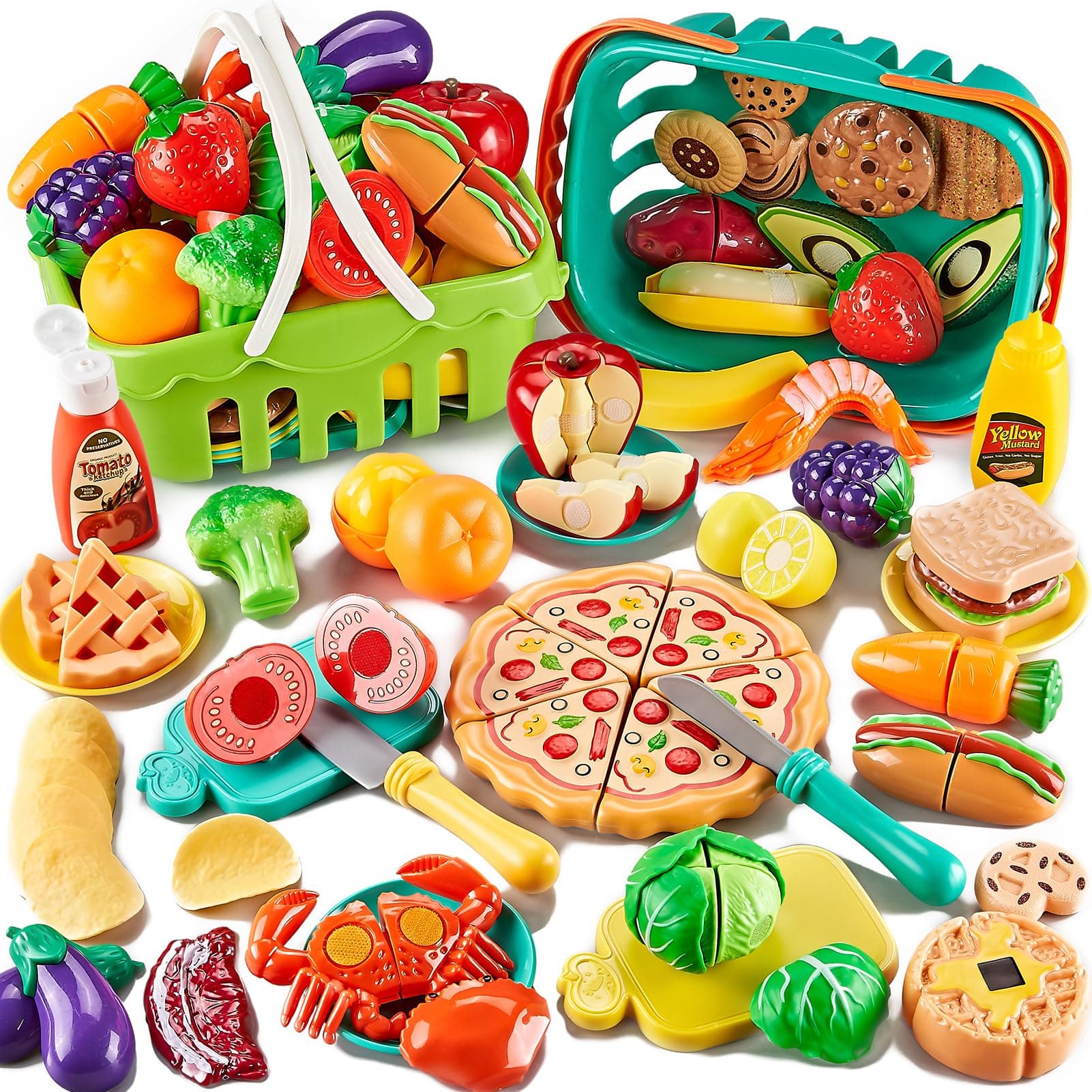 85-teiliges Spielzeug-Lebensmittelset, zum Schneiden von Spielzeug-Lebensmitteln mit 2 Körben, Spielküchen-Zubehör mit Pizza, Gemüse, Obst und Dessert, Geschenk für Jungen und Mädchen.