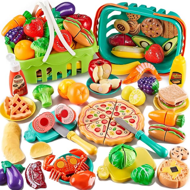 85-teiliges Spielzeug-Lebensmittelset, zum Schneiden von Spielzeug-Lebensmitteln mit 2 Körben, Spielküchen-Zubehör mit Pizza, Gemüse, Obst und Dessert, Geschenk für Jungen und Mädchen.