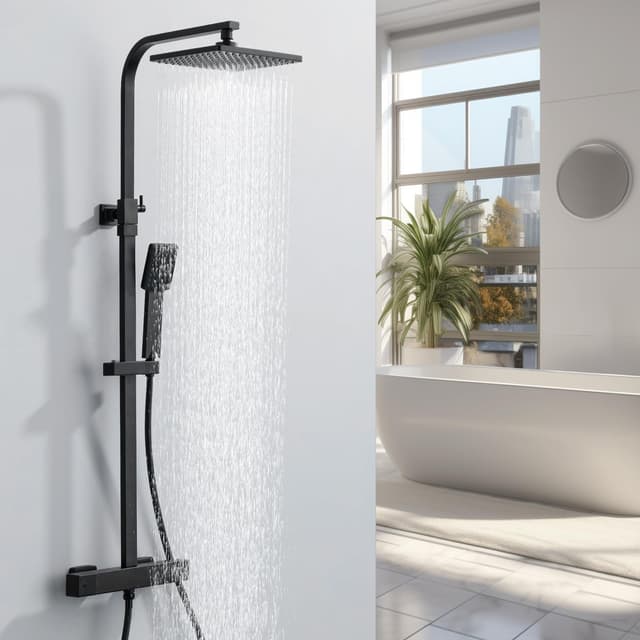 HOMELODY Duschsystem mit Thermostat Schwarz, Duscharmatur Edelstahl Regendusche mit Armatur, Duscharmatur Komplettset mit Regendusche Duschkopf, Verstellbarer Duschstange, Duschset Schwarz Duschsystem mit Thermostat（Preis-Leistungs-Sieger）
