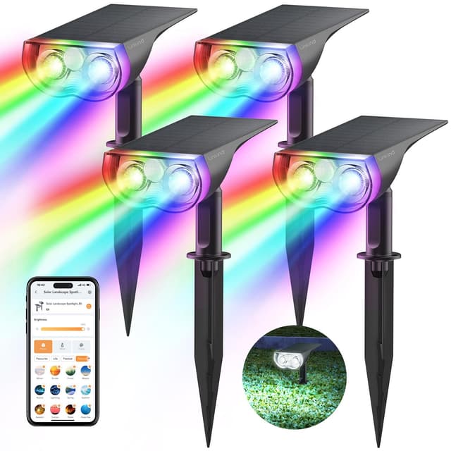 Linkind Intelligenter Bunt Solarstrahler für Außen Garten, 16Mio. Farbe RGBW Gartenleuchte mit Bewegungsmelder, Gruppensteuerbar, Musiksync, Rotlichtalarm, IP65 RGBTW Smart Solar Baumstrahler, 4 Stück 4 Stück Smart Rgbw