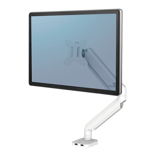 Fellowes Monitor Halterung für 1 Bildschirm bis 32 Zoll (81,28 cm) - Platinum Series Monitor Arm mit Gasfeder, USB Ports - Befestigung mit Klemme oder Kabeldurchlass - Farbe: Weiss Einzel White