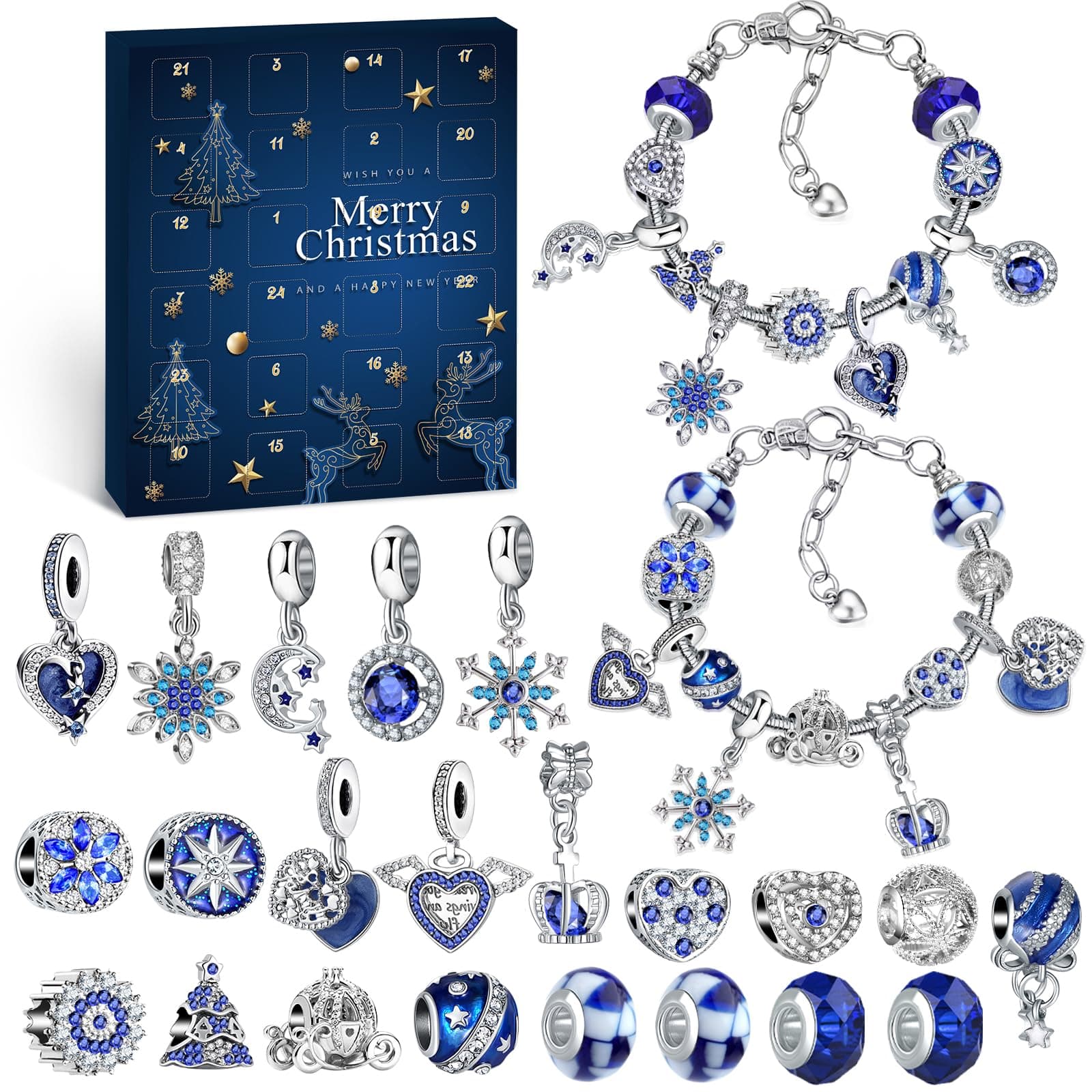 WEVOL Adventskalender Mädchen Schmuck 2025, Weihnachtskalender Schmuck Geschenk für Kinder Teenager Frauen, 24 Füllung Adventskalender Schmuck Basteln Mädchen Charm Armband Kit Weihnachten Geschenke Blau