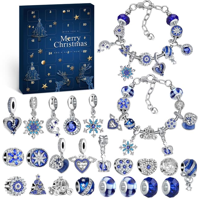 WEVOL Adventskalender Mädchen Schmuck 2025, Weihnachtskalender Schmuck Geschenk für Kinder Teenager Frauen, 24 Füllung Adventskalender Schmuck Basteln Mädchen Charm Armband Kit Weihnachten Geschenke Blau