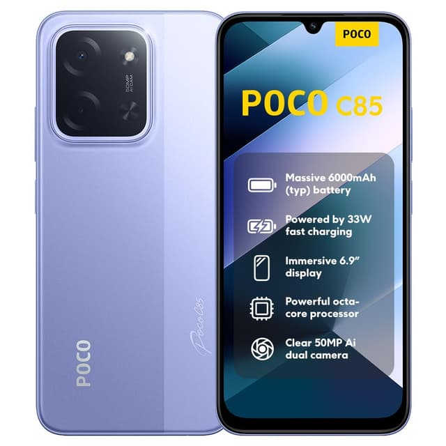 XIAOMI Poco C85, Smartphone 6+128GB, 6,9" 120Hz Display 7,99mm Design, MediaTek Helio G81-Ultra Octa-Core, 50MP AI-Zweifach-Kamera, 6000mAh, Purple, Ladegerät Nicht im Lieferumfang enthalten 6+128GB Purple
