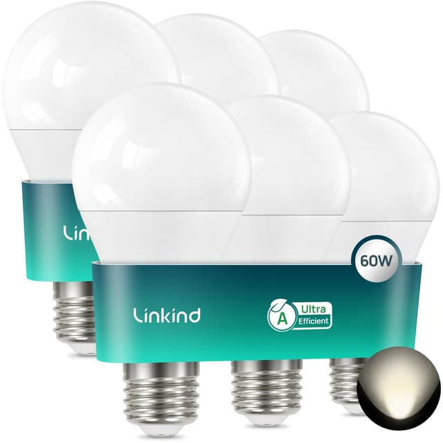 Linkind Ultraeffiziente E27 Lampe Matt, 3,8W=60W, 4000K Neutralweiß mit Energie Klasse-A, Nicht Dimmbar A60 Edison 806 Lm 200° Winkel, Energiesparend E27 LED Leuchtmittel, 6 Stück 6 4000k-60w